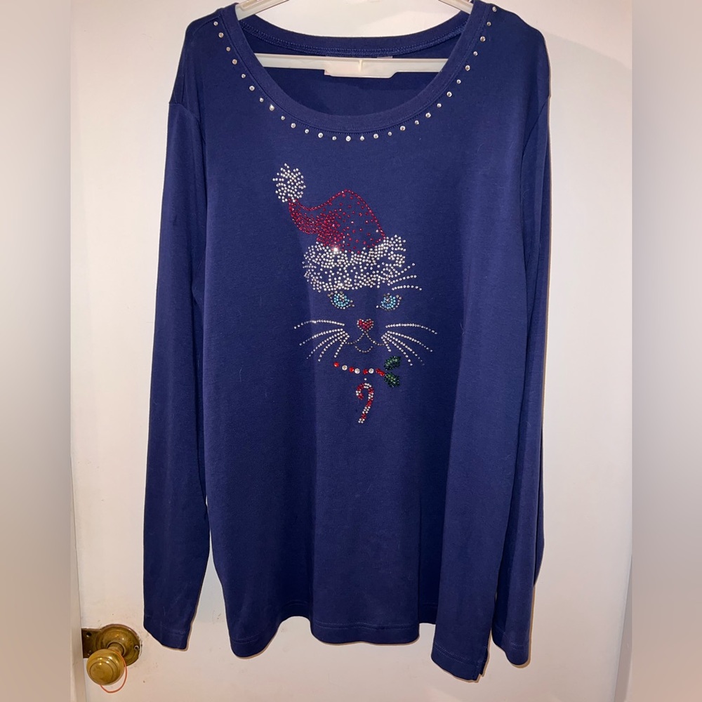 Quacker Factory XL blue rhinestone cat with Santa hat long sleeved shirt